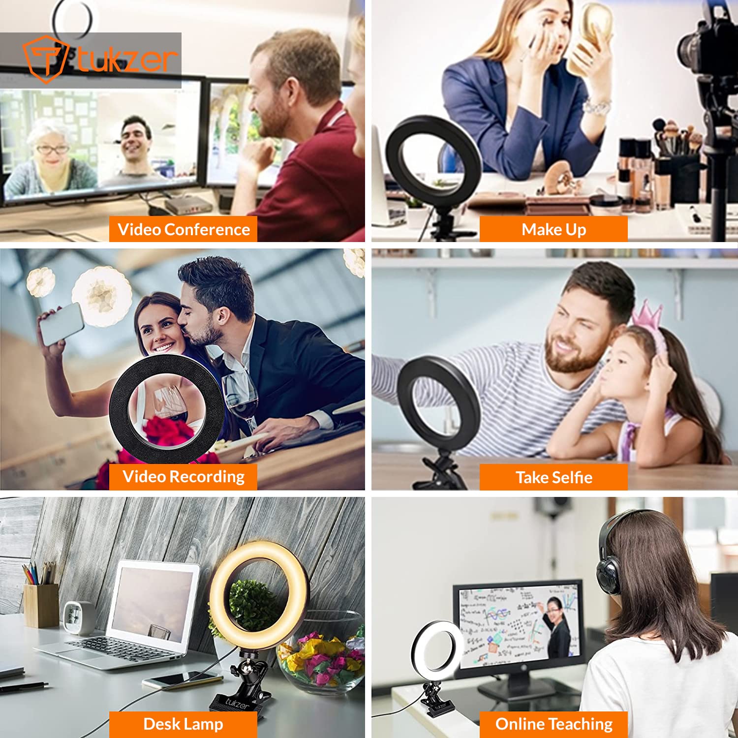 Tukzer 8-Inch LED USB Selfie Ring Light with Clamp Mount, 3 Light Modes & 10 Level Brightness, for Laptop/PC/Monitor/Desk/Bed/Office/Video Conferencing/Live Streaming/Makeup/Webcam/Classes