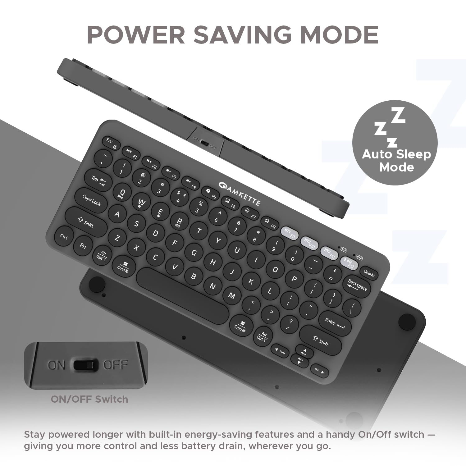 Amkette New and Improved Optimus BT 4 in 1 Multi Device Wireless Keyboard/Bluetooth Keyboard | One Click Device Switching and AI Access for Windows, MacOs, Android and iOS, Dual OS Layout (Grey)