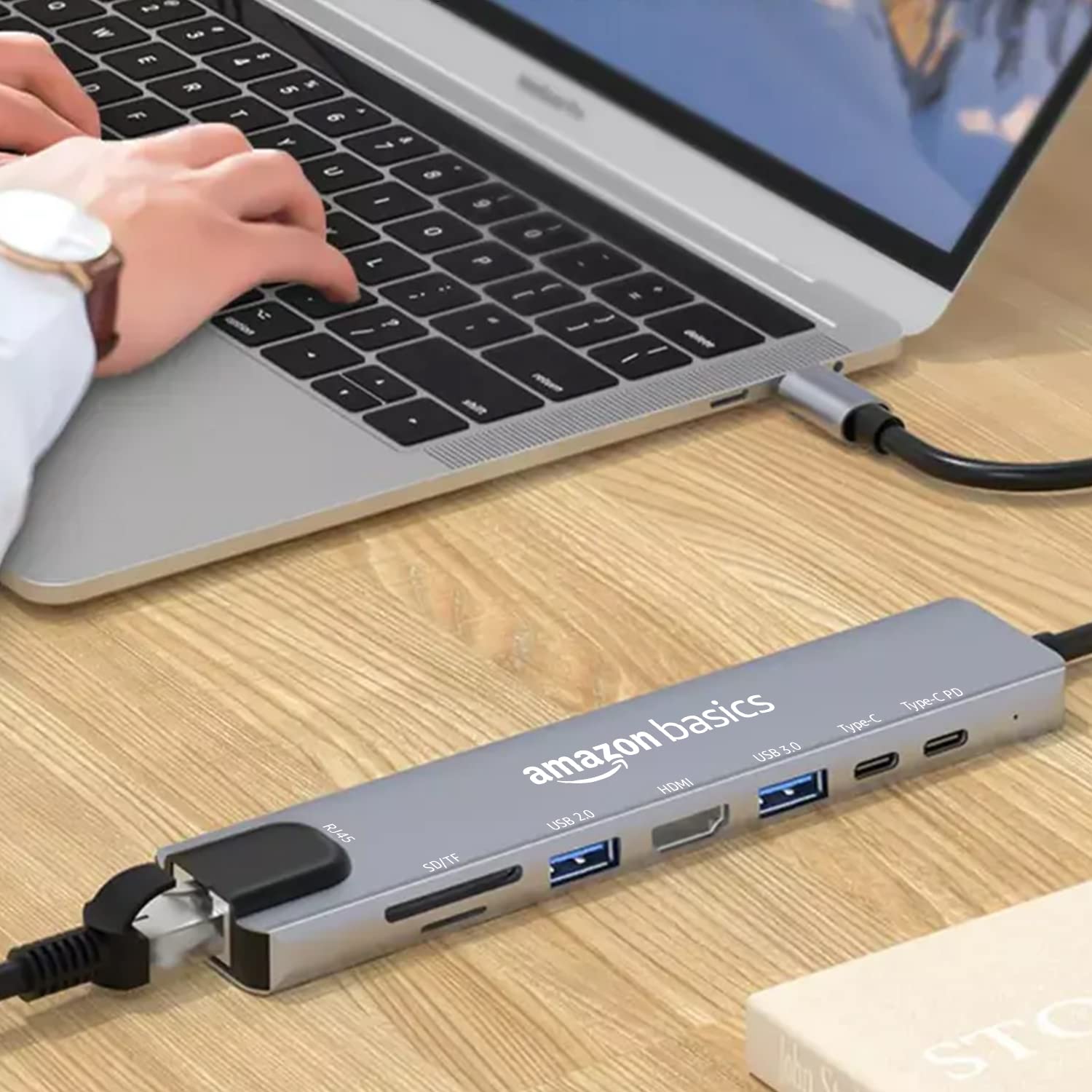 Amazon Basics USB Type-C Hub Dock, 8-in-1 HDCP Aluminium Adapter with 4K HDMI & Ethernet Port,100mbps, Power Delivery, TF/SD Card Reader, Mac & Windows USB-C & 3.0 Devices