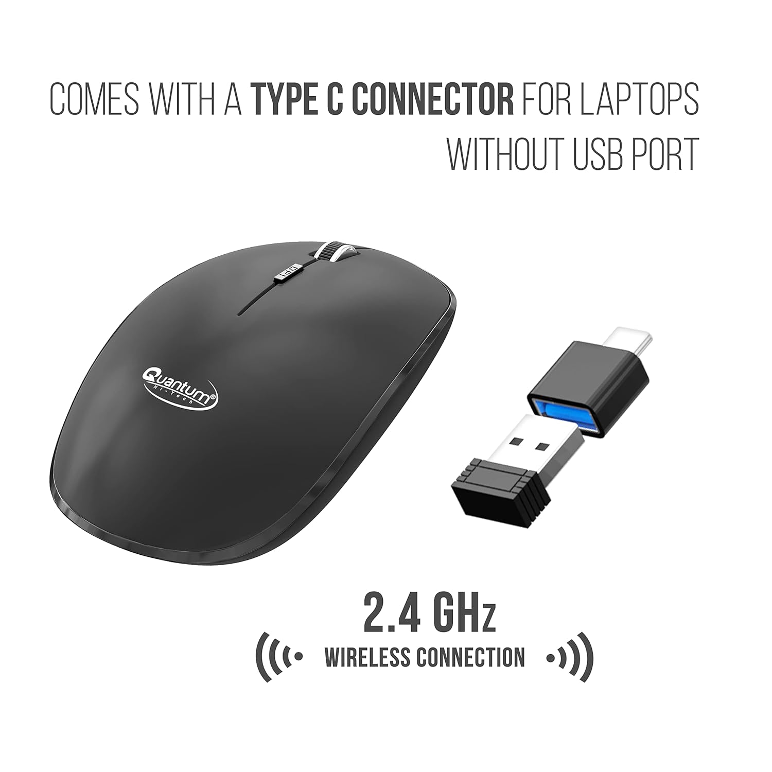 Quantum Wireless Mouse with Upto 12 Months Battery Life(Cell Included), Silent Keys, 800/1200/1600 DPI, USB Nano Receiver, USB to Type-C Connector, Slim Wireless Mouse for PC, Laptop, MacBook (Black)