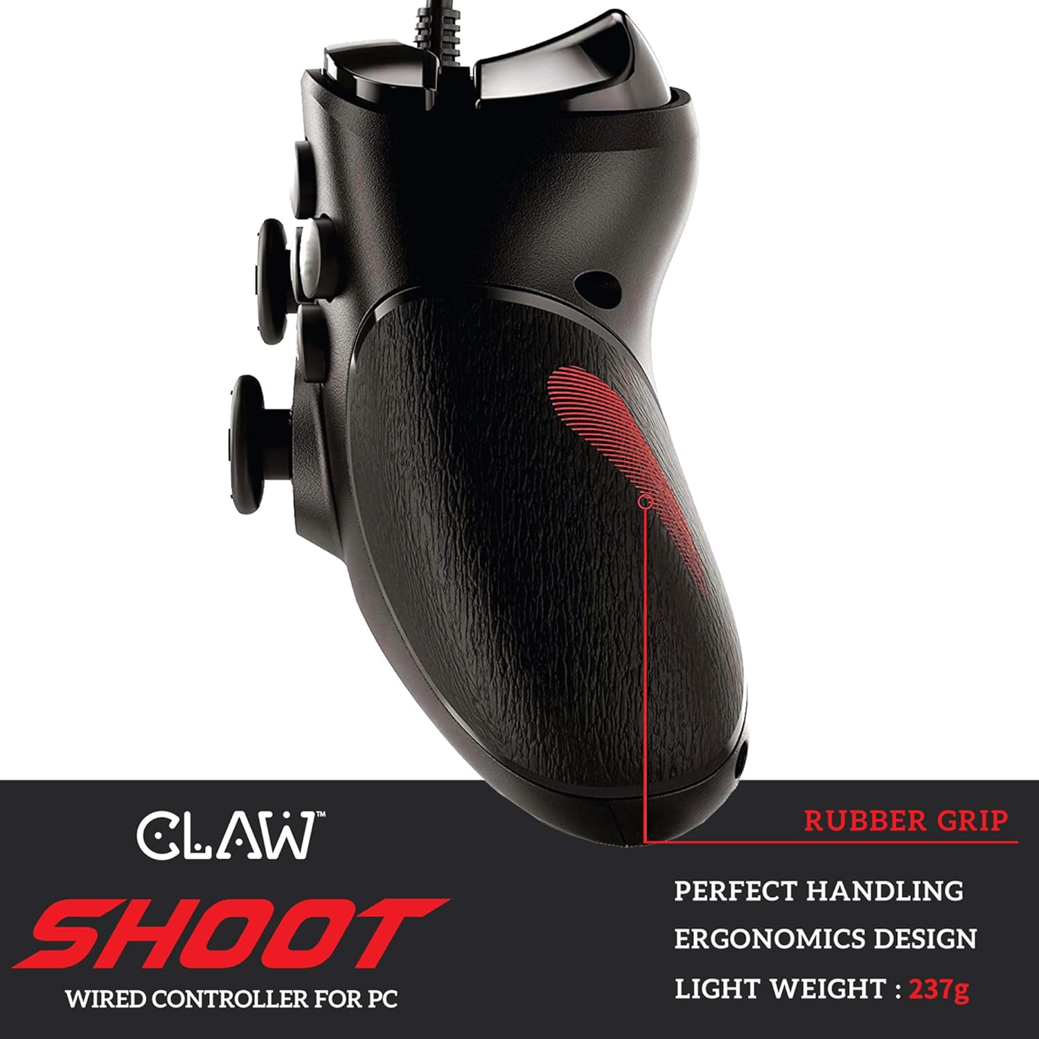 CLAW Shoot Wired USB Gamepad Controller for PC supports Windows XP/7/8/10 with Rubberized Textured Grip and Dual Vibration Motors