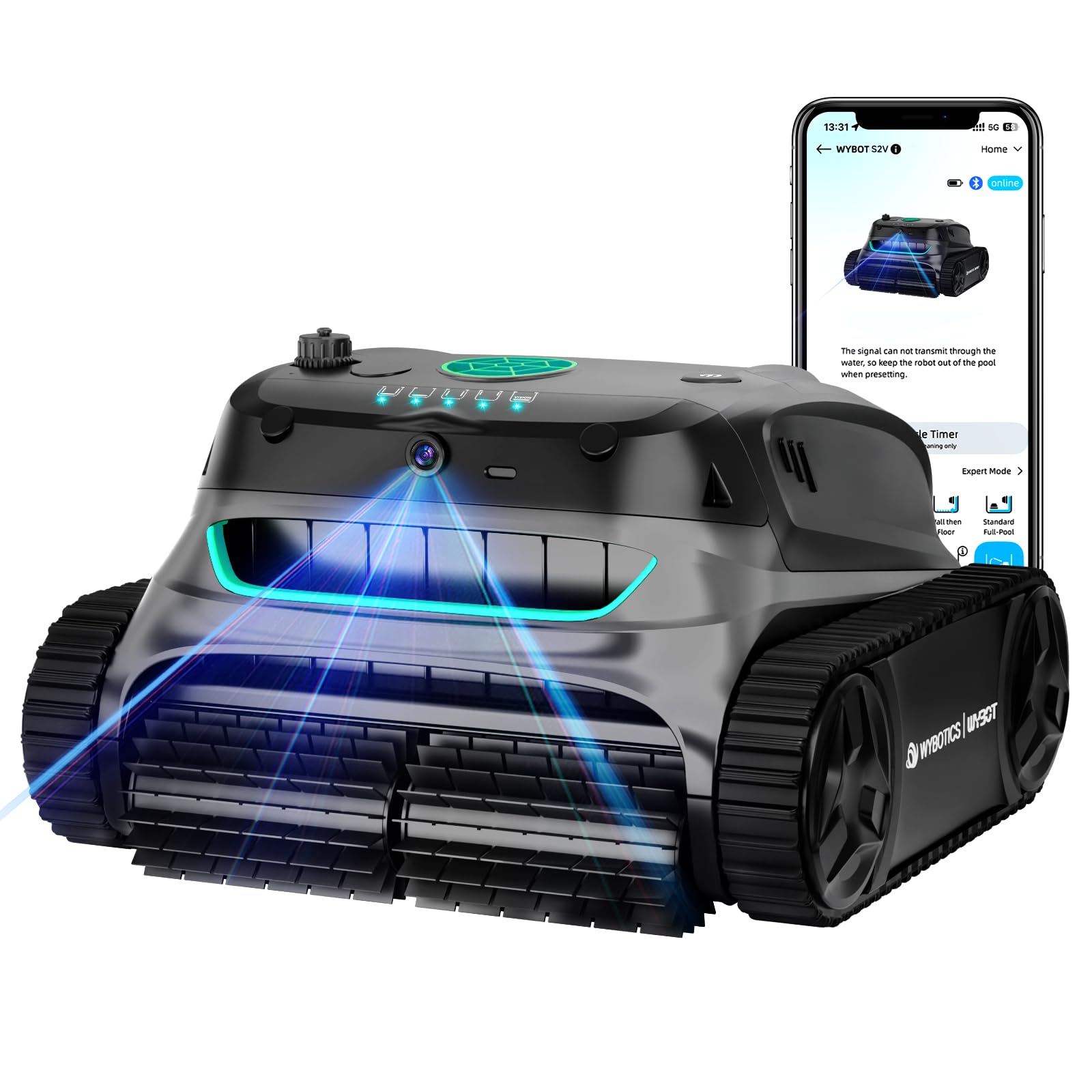 WYBOT S2 Vision AI Camera Cordless Pool Cleaners for Inground Pools, 8-in-1 Pool Vacuum Robot, Brushless Motor Powerful Suction, Wall Climbing, Horizontal Waterline Scrubbing (Black Green)