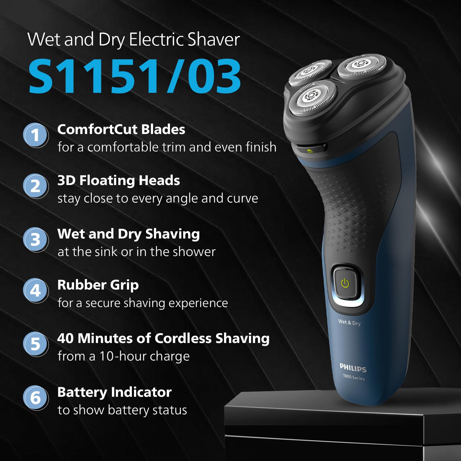 Philips Electric Shaver for Man| 3D Flex Heads| 27 Self-Sharpening Blades| ComfortCut |100% Waterproof IPX7, 40 Mins Runtime, 2yr warranty | S1151/03