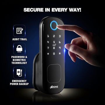 Ozone Smart Wi-Fi Rim Lock for Wooden & Metal Doors, 5-Way Access, OzoLife App, Fingerprint, Password, RFID Card, 20-65 mm Door Thickness, 2 Years Warranty (Black) (Sealed Pack)