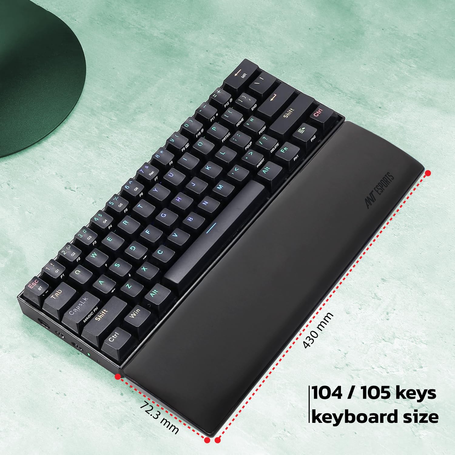 Ant Esports Full Size Keyboard Wrist Rest Pad -18"- Memory Foam Palm Rest with Non-Slip Footpad - Ergonomic Design Wrist Support - Desk Keyboard Accessory Gaming Gear-Full Size-Black