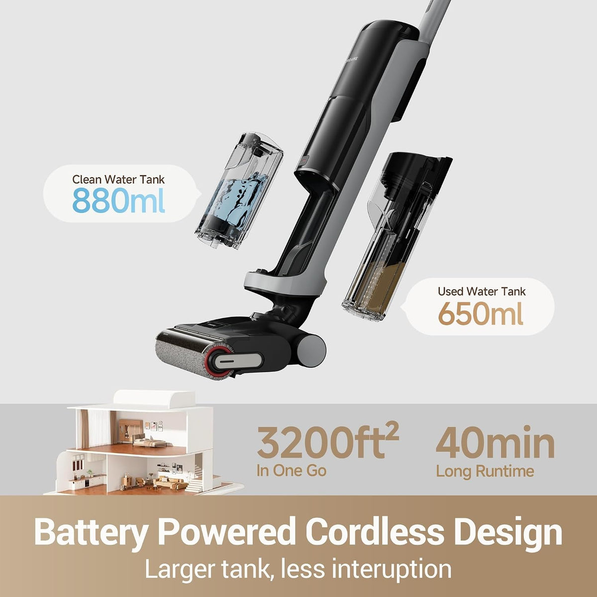 dreame H14 Pro Wet Dry Vacuum Cleaner, 180° Lie-Flat Vacuum Mop, 140°F Washing and Fast Hot Air Drying, Powerful 18kPa Suction Floor Cleaner Machine, Easy GlideWheel Movement, Smart App Control