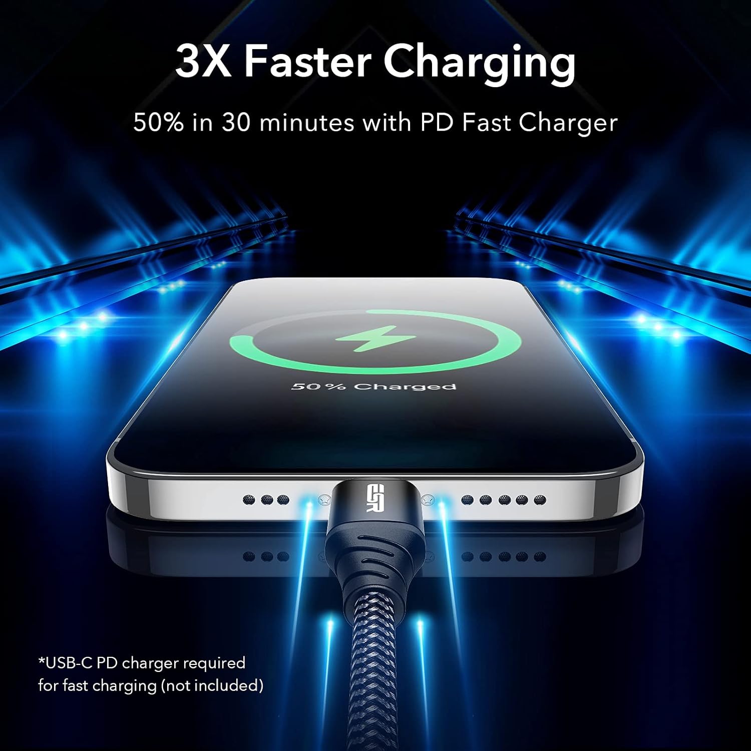 ESR USB C to Lightning Cable, 10 ft (3 m), MFi-Certified, Braided Nylon Power Delivery Fast Charging for iPhone 14/14 Plus/14 Pro/14 Pro Max, iPhone 13/12/11/X/8 Series Type-C Chargers, Black