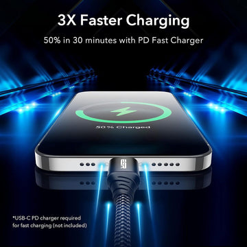 ESR USB C to Lightning Cable, 10 ft (3 m), MFi-Certified, Braided Nylon Power Delivery Fast Charging for iPhone 14/14 Plus/14 Pro/14 Pro Max, iPhone 13/12/11/X/8 Series Type-C Chargers, Black