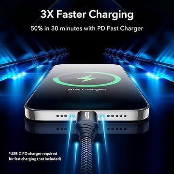 ESR USB-C to Lightning Cable, 0.5 ft (0.2 m), MFi-Certified, PD Fast Charging Cable for iPhone 14/14 Plus/14 Pro/14 Pro Max, iPhone 13/12 Series, iPhone SE 2022/11/XR, Braided Nylon, Black