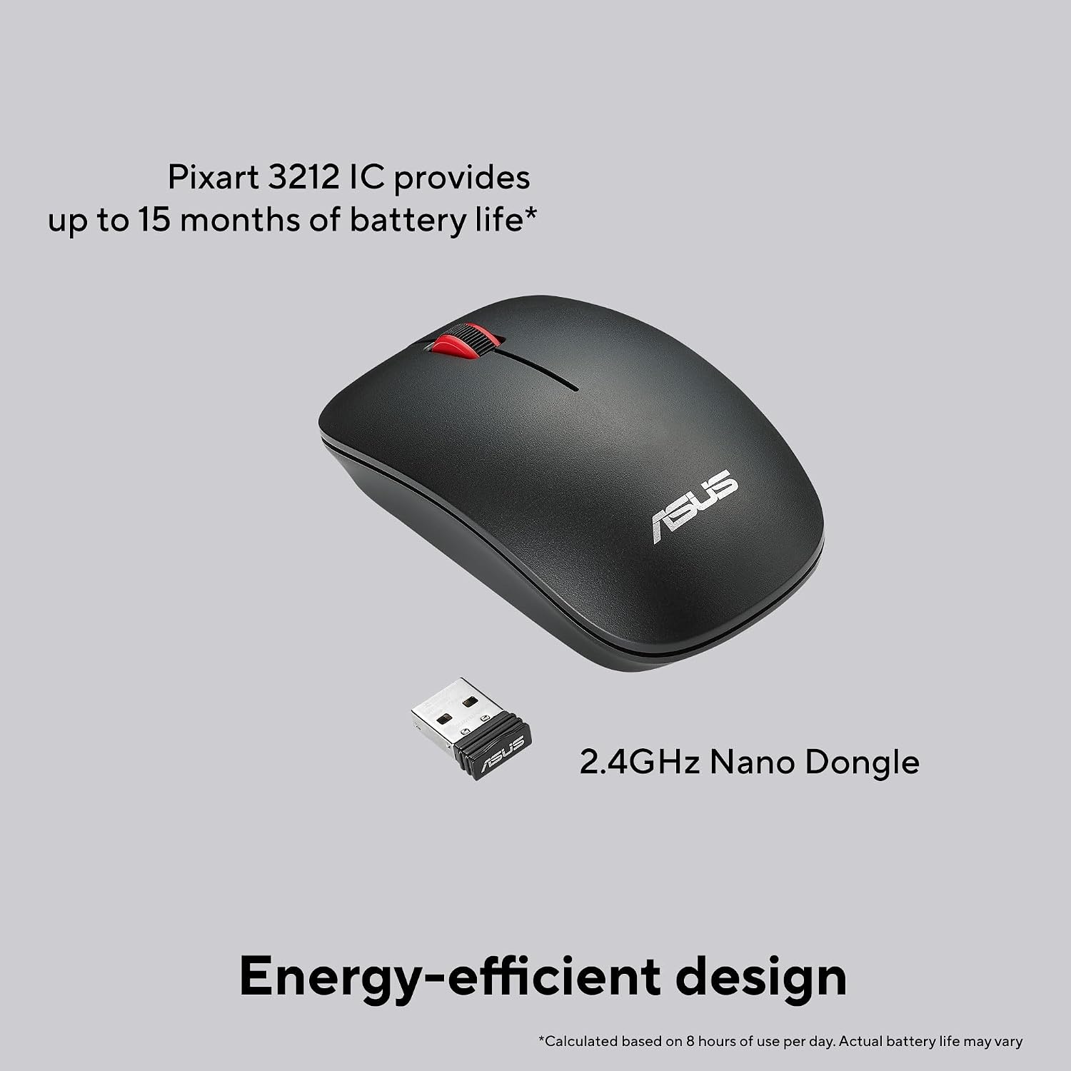 ASUS WT300 Wireless Ergonomic USB Mouse, Ambidextrous Design, Up to 1600 Dpi, Compact & Lighweight Mouse,2.4GHz Nano Dongle, Up to 15 Months of Battery Life - Black