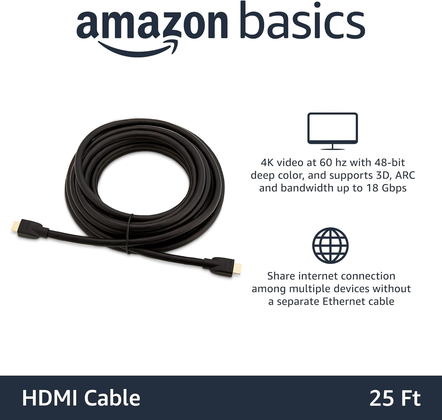 Amazon Basics HDMI Cable, 25ft, 4K@60Hz, High-Speed 4K HDMI 2.0 Cord (18Gbps), 2160p, 48 bit, Compatible with TV/PS5/Xbox/Roku, Black