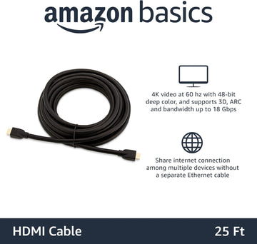 Amazon Basics HDMI Cable, 25ft, 4K@60Hz, High-Speed 4K HDMI 2.0 Cord (18Gbps), 2160p, 48 bit, Compatible with TV/PS5/Xbox/Roku, Black