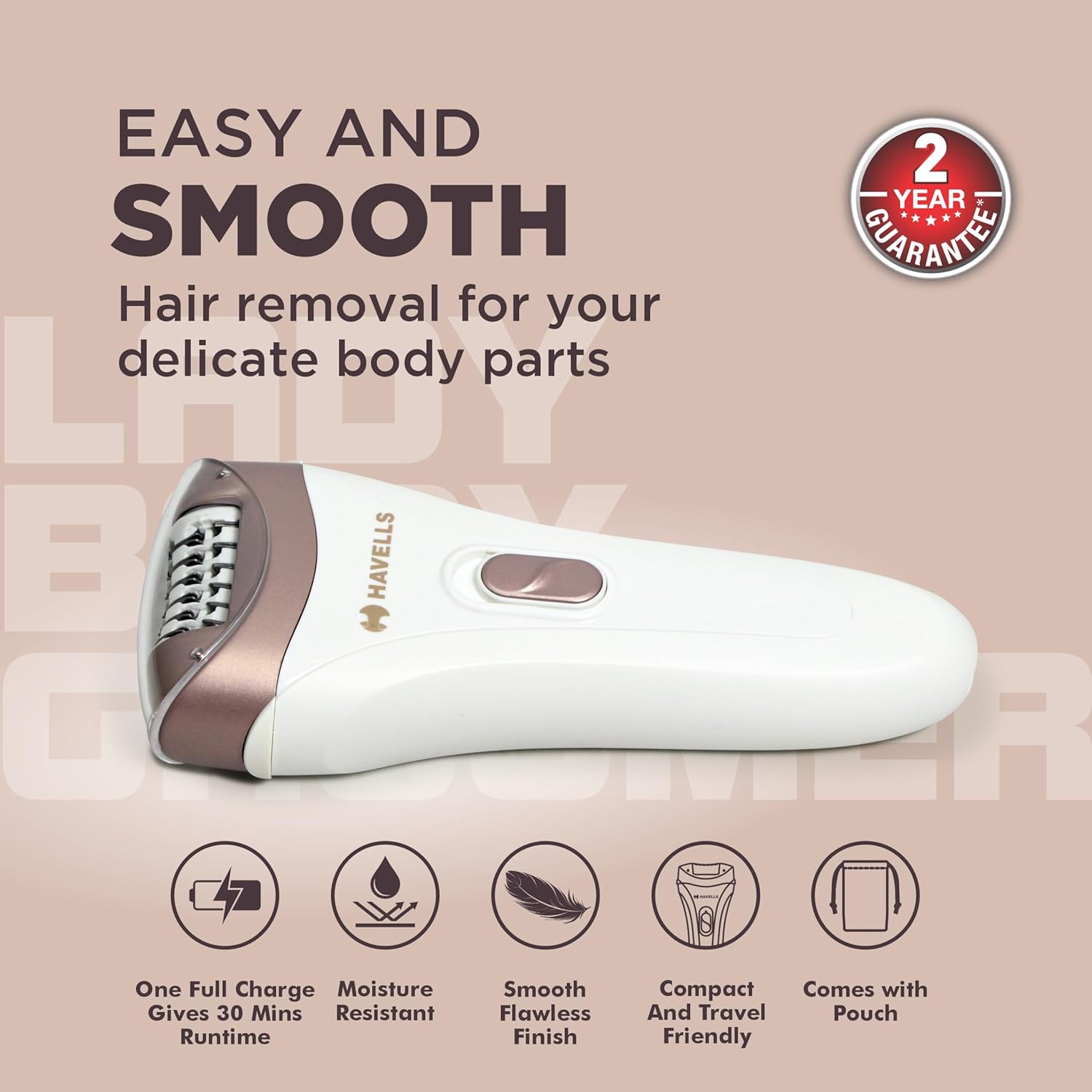 Havells FD5051 Epilator, Hair Removal for Women, Wet & Dry, Cordless, Rechargeable (White)