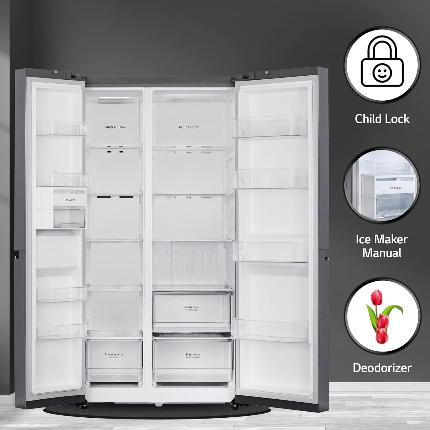 LG 655 L, 3 Star, Frost-Free Smart Inverter Double Door Side-By-Side Refrigerator (GL-B257HDSY, Dazzle Steel, Smart Diagnosis, Express Freeze | Multi Air-Flow)