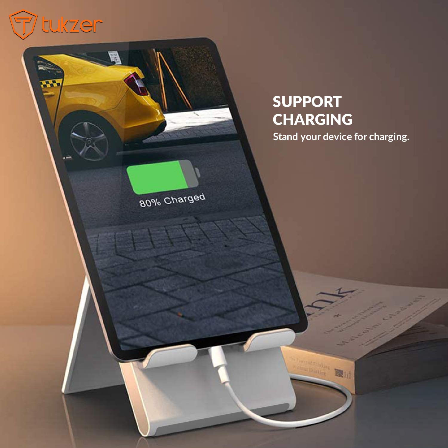 Tukzer Foldable & Portable Desktop Telescopic Smartphone Tablet Table Stand with Adjustable Height, Angle & Silicone Pad Supports Upto 11 Inch(27cm) Tab for Android & Mobile (White)