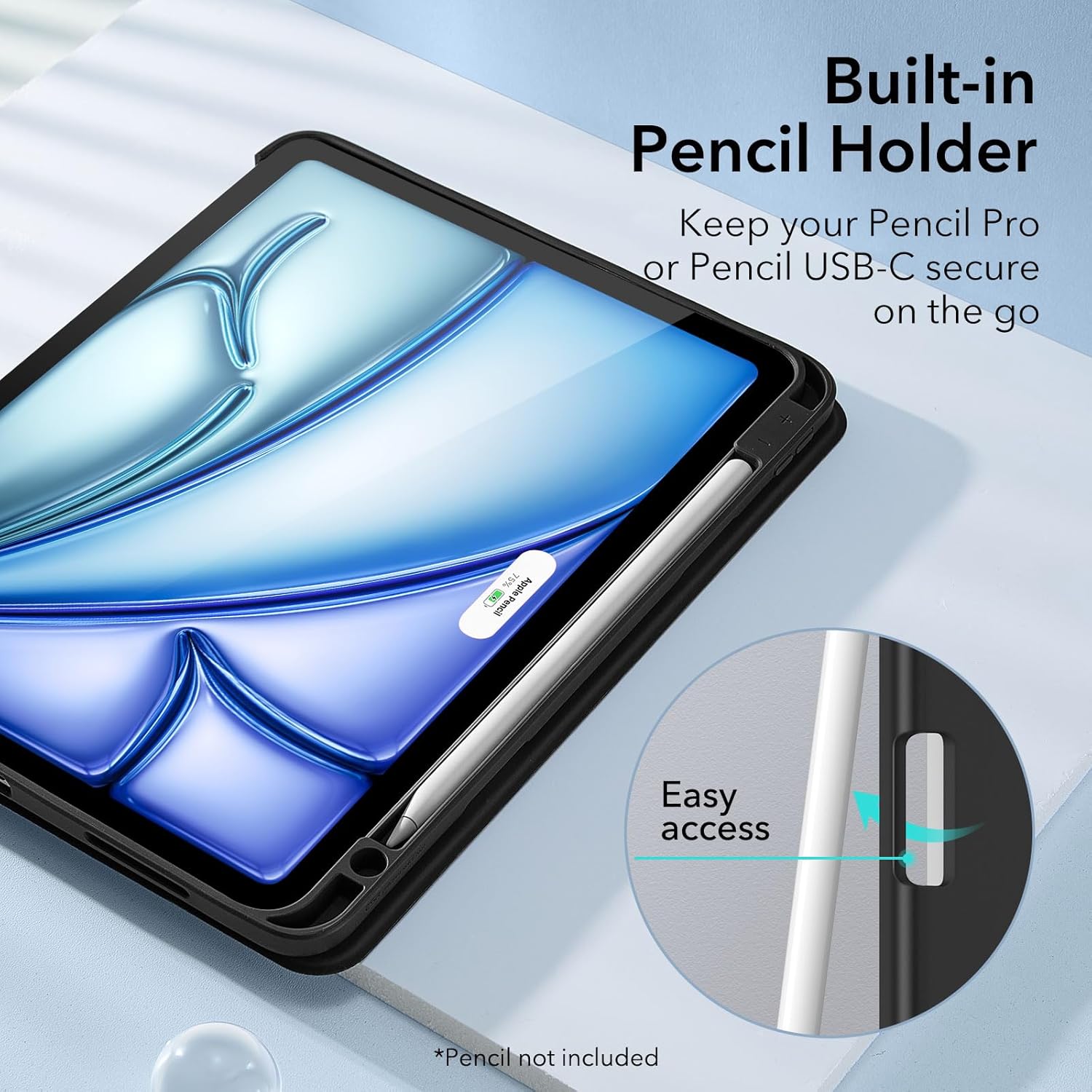 ESR for iPad Air 11 inch Case M3/M2 with Pencil Holder, iPad Air 7th/6th/5th/4th Generation Cover (2025/2024/2022/2020), Trifold Stand with Flexible Back, Auto Sleep and Wake, Rebound Series, Black
