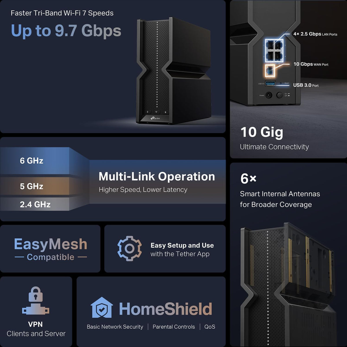 TP-Link Tri-Band BE9700 WiFi 7 Router, Archer BE550 Pro