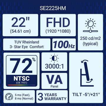 Dell SE2225HM 21.5"/54.6cm FHD, 100Hz Refresh, VA Panel, 5ms Response, Tilt Adjust, 3000:1 Contrast, 250 cd/m2, Ports: HDMI, DP 1.2, VGA, TÜV Rheinland 3-Star Eye Comfort, Ultra-Thin bezels Monitor