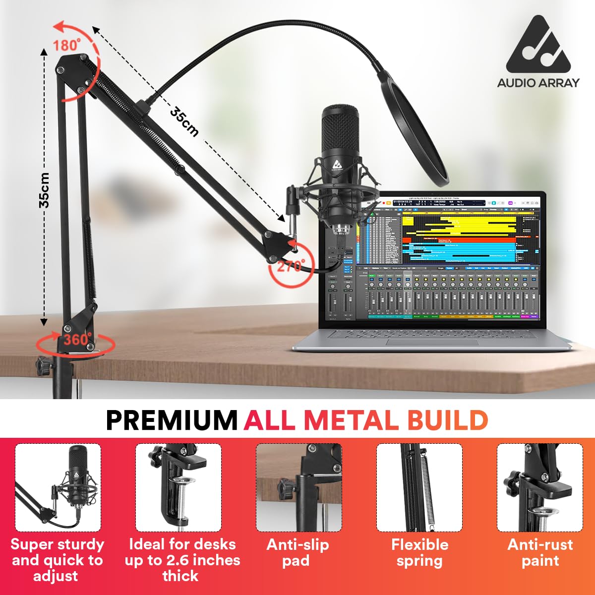 Audio Array AM-C1 USB Condenser Microphone Kit | 192kHz/24bit | BoomArm, Pop Filter, Mic Cover, Shock Mount, Tripod & 2.5M USB Cable | Podcasting, Gaming, Singing & Live Streaming
