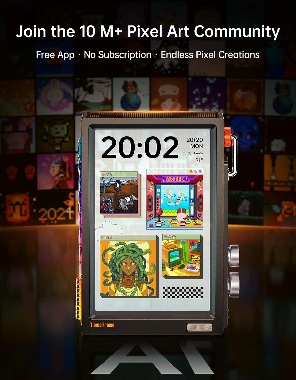 Divoom Times Frame-10.1" Digital Picture Frame Transparent IPS Smart Linux OS with RGBLED Rotary Knob WiFi 64GB 400+Clock Faces Widget 50+API Feeds Gift Mode Pixel Art Community Personalized Display