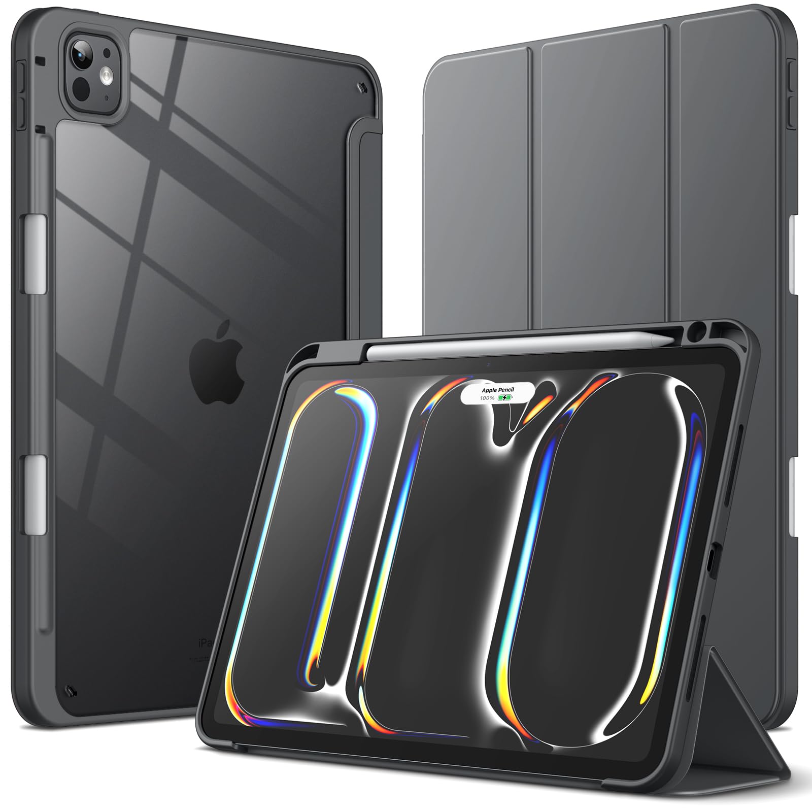JETech Cover Case for iPad Pro 11-Inch M5/M4 2025/2024 (6th/5th Generation) with Pencil Holder, Clear Transparent Back Shell Slim Stand Shockproof Tablet Cover, Auto Wake/Sleep (Black)