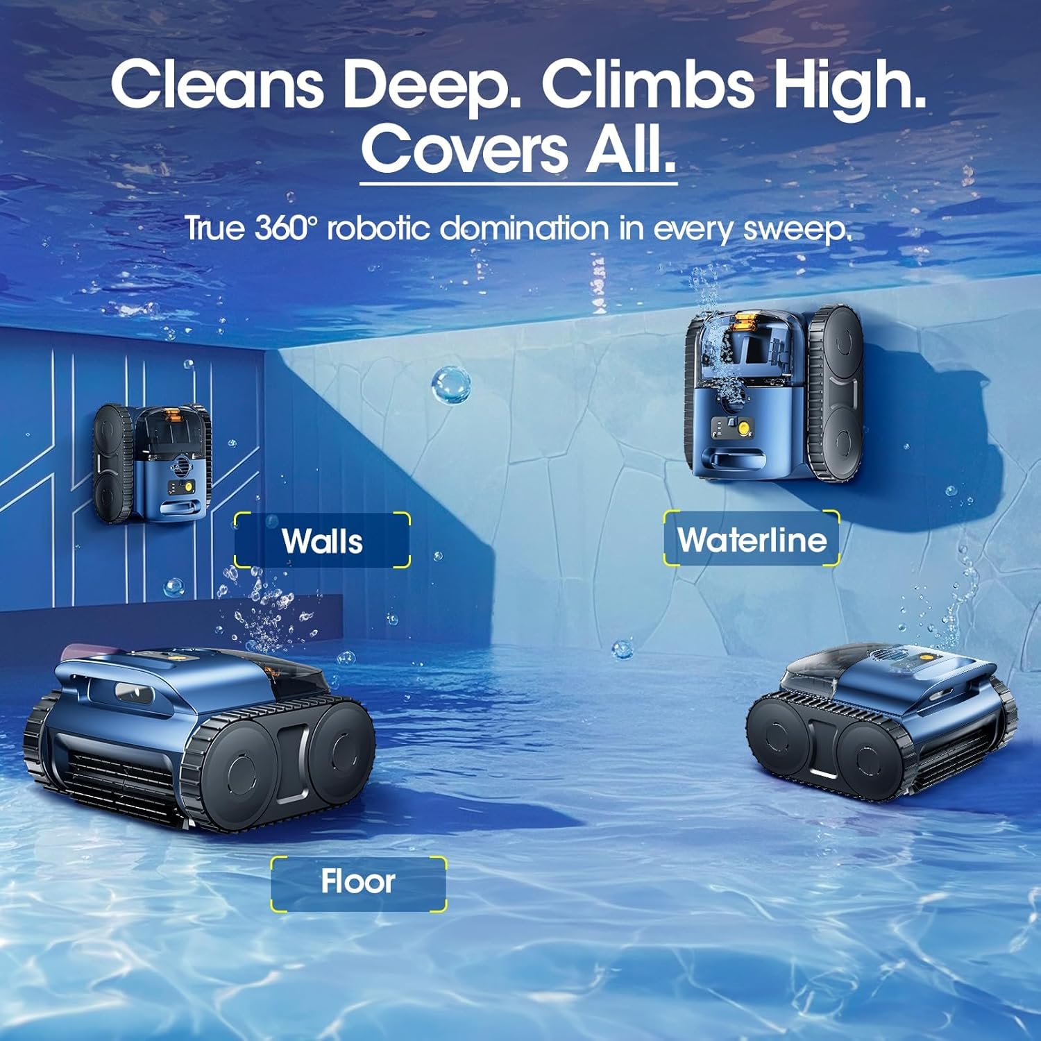 RERIOU Cordless Robotic Pool Vacuum, Pool Cleaner with Track Drive, Sonar Navigation, 180W Brushless Motor, Wall Waterline Climbing, 150-Min Runtime, for Inground Above Ground 2150 Sq. Ft.