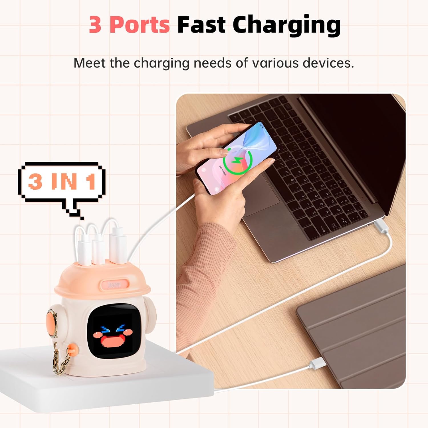 Divoom Dipow 65W USB-C Charger 3-Port Fast GaN Charger with DIY Pixel Display Foldable Compact Wall Block Power Adapter for iPhone 16/15 MacBook iPad Galaxy S23/S24 Switch (with 100w Cable) (Pink)