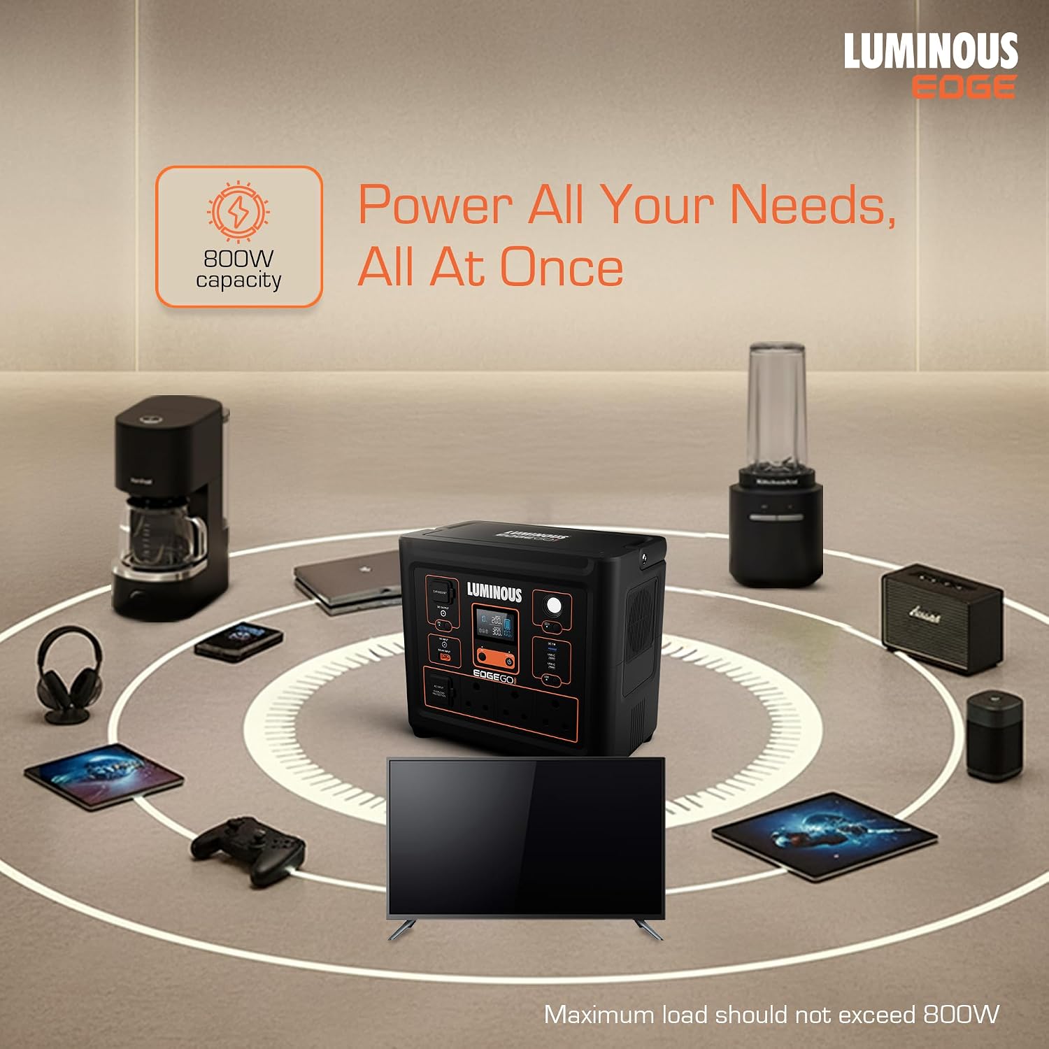 Luminous Edge Go P1200 Portable Power Station| Emergency Light, 50 mins backup on full load, Power upto 6 devices with 864Wh LiFePO4 Battery 10 Yrs Life| 1000W AC Output, 05 Years Replacement Warranty