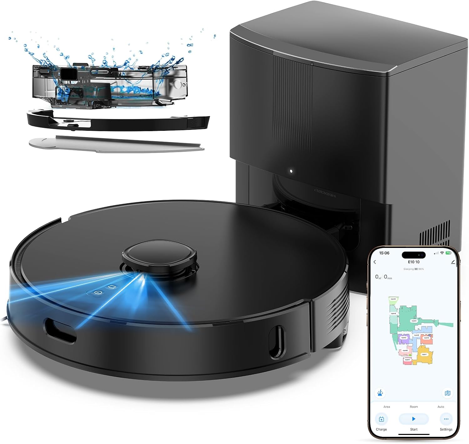 E10+ Robot Vacuum and Mop Combo Self‑Emptying with 8000Pa Suction, LiDAR Navigation, Home Mapping, 75‑Day Capacity, 150 Mins Runtime, APP & Voice Control Robot Vacuum Cleaner for Hair, Floors, Carpets