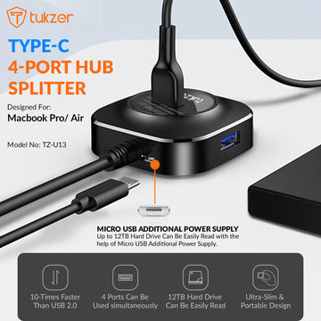 Tukzer USB C Hub Ultra-Slim USB-C Superspeed Adapter with 4 USB 3.0 Ports USB Type C Hub for All Laptops and More USB Type C Devices