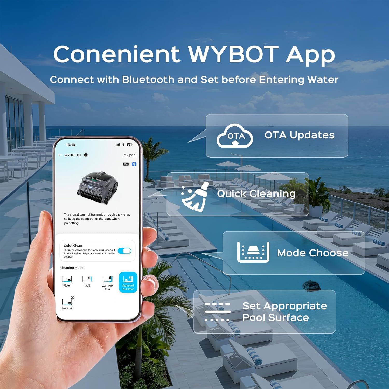 WYBOT B1 Cordless Robotic Pool Vacuum, Quad-Roller Brushes for Edge Cleaning, Smart Pool Cleaner Robot for Inground & Above Ground Pools, High Obstacle Crossing, App Control, Silver Gray