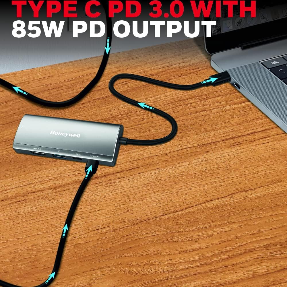 Honeywell 5-in-1 Type C Mini Docking Station - 4K HDMI, 1GBPS Ethernet, USB 3.0 & Dual Type C PD85W Ports, 5GB Transfer Speed, Compatible with All Type C Devices