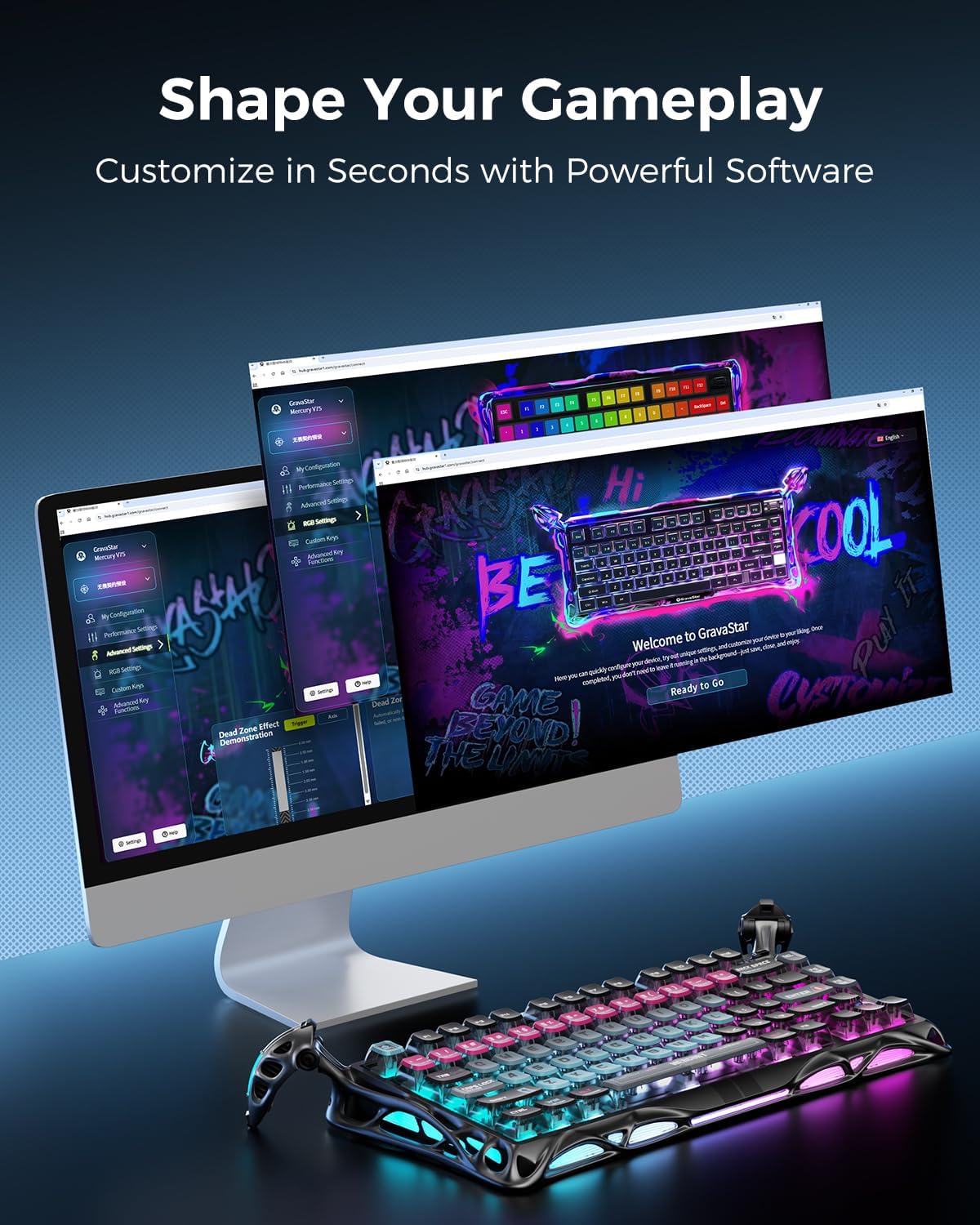 GravaStar Mercury V75 Pro HE Keyboard – 75% Layout Gaming Keyboard, Hall‑Effect Magnetic Switches, Only Wired, Hot‑Swappable, 8000 Hz Polling, Dual‑Zone RGB, Semi‑Aluminum Frame with Cyberpunk