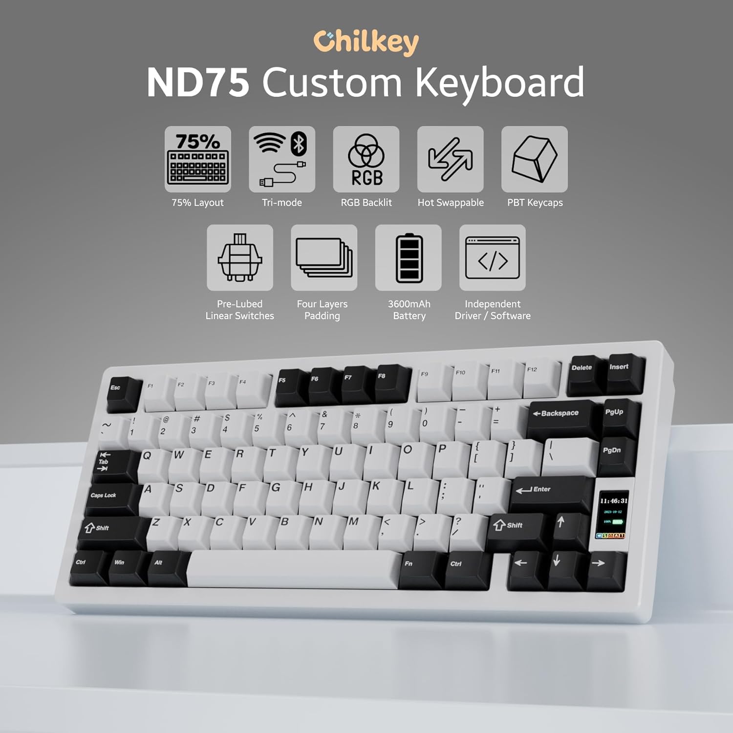 OOCTPK Chilkey ND75 Aluminum 75% Wireless Mechanical Gaming Keyboard with LCD Screen, Quick Assembly, BT/2.4G/USB-C, Hot Swappable Per-Key RGB Custom Keyboard for Windows, MacOS