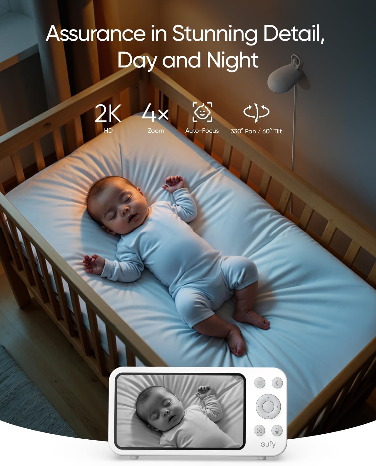eufy Security Baby Monitor E20 with 2K HD Camera, 5'' 720p Display, Hybrid Wi-Fi & No Wi-Fi Connection, Pan-Tilt, 4X Zoom, Portable Camera with Built-in Battery, 24/7 Recording in App, ANR