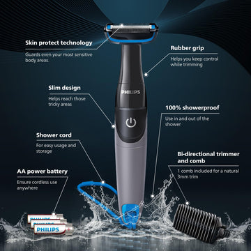 Philips Showerproof Body & Balls Trimmer for Men Private Parts | Bi-directional Trimming| Skin Safe Intimate Grooming | Skin Protection System | 2yrs Warranty | India's #1 Men's Trimmer* | BG1025