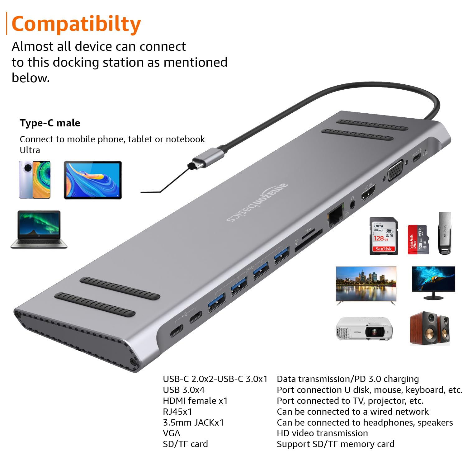 Amazon Basics Dock Station, 13-in-1 USB C HUB Docking Station, USB C Network Hub with HDMI VGA PD(3.0), 4xUSB 2xUSB C, 10/100M Gigabit Laptop Stand for MacBook iPad Surface Pro and More Windows Laptop