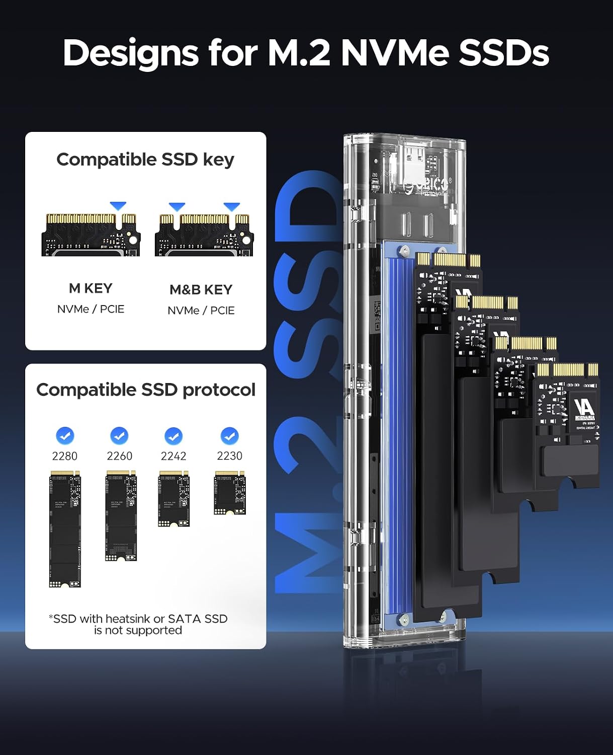 ORICO M.2 NVME Enclosure Adapter, USB 3.2 Gen 2 (10 Gbps), Transparent External Solid State Drive Adapter Enclosure for 2280 2260 2242 2230 PCI-E M2 M-Key SSD, USB Type C Converter Case (TCM2-Blue)