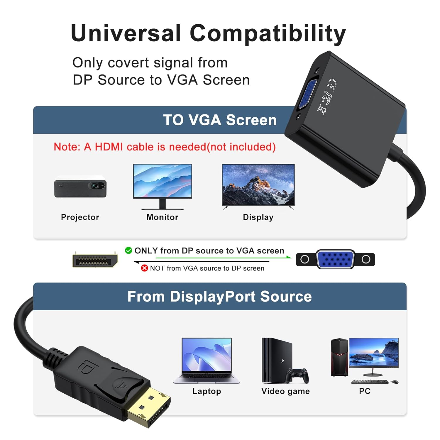 Tobfit DisplayPort to VGA Adapter 1080P, Premium Gold-Plated DP to VGA Converter (Male to Female) for Laptop, Desktop, Monitor, Projector, TV - Compatible with Dell, HP, Lenovo, ASUS & More