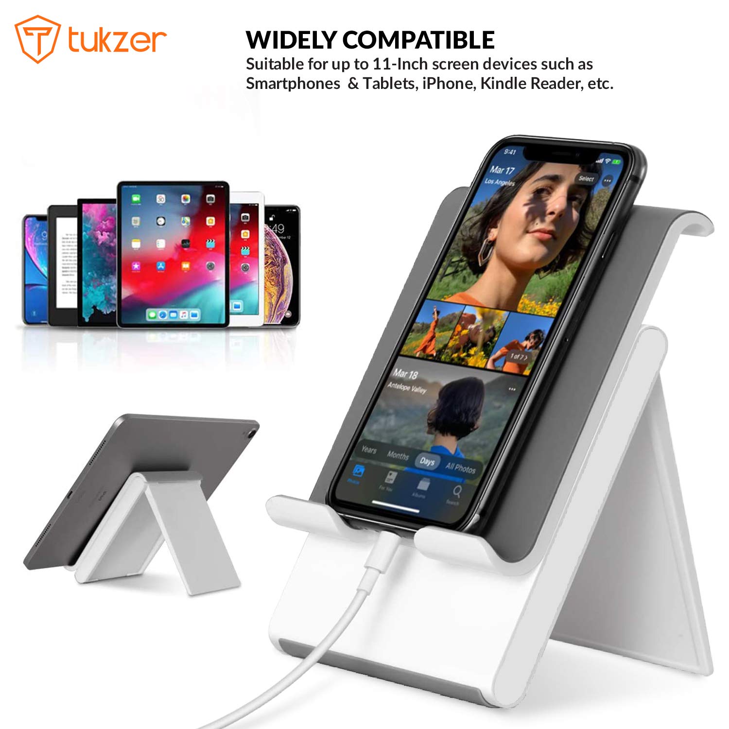Tukzer Foldable & Portable Desktop Telescopic Smartphone Tablet Table Stand with Adjustable Height, Angle & Silicone Pad Supports Upto 11 Inch(27cm) Tab for Android & Mobile (White)
