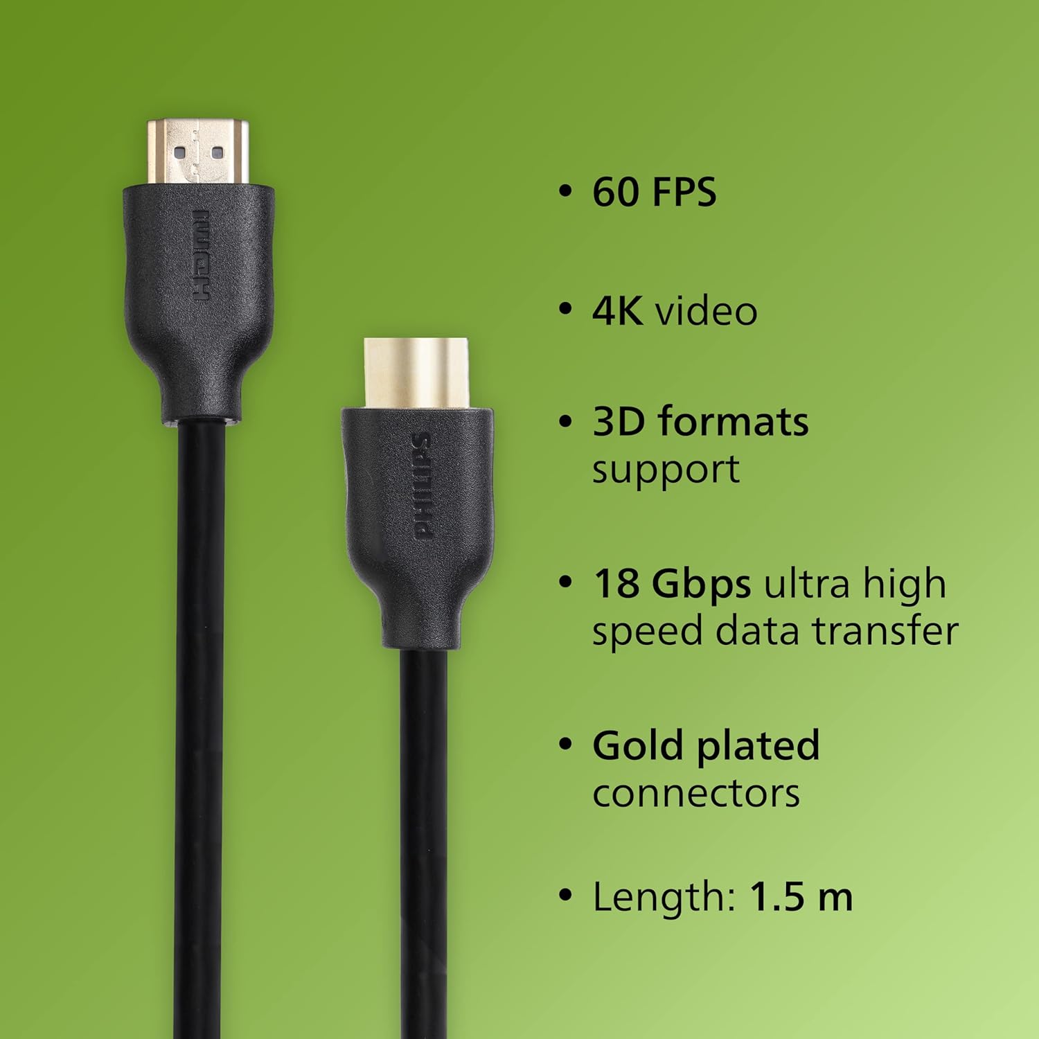 Philips SWV5510 4K UHD HDMI Cable - 60Hz, 3D Video, Ethernet, ARC, 32 AWG, 18 Gbps Data Transfer, 32-Ch Audio, 24K Gold Plated - 1.5m: Enhance Your Entertainment with 4K UHD Video and Immersive Sound