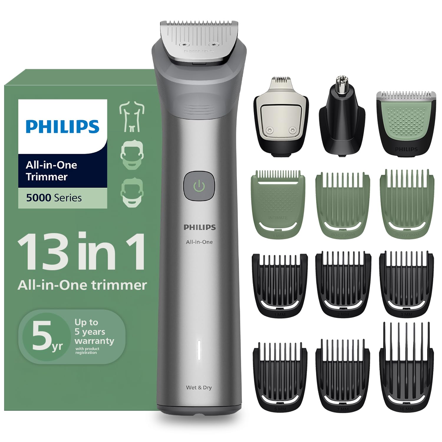 Philips India's No.1 Men's Trimmer | Skin Safe Grooming I 13-in-1 Essential Body Kit - Body, Face & Private Parts I 3 Year Warranty I 120 min runtime I 5 min Quick Charge MG5930/65