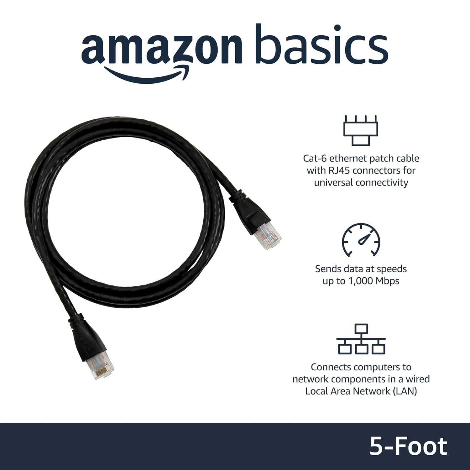 Amazon Basics RJ45 Cat-6 Ethernet Patch/LAN Cable for Personal Computer - 5Feet (1.5Meters), Black