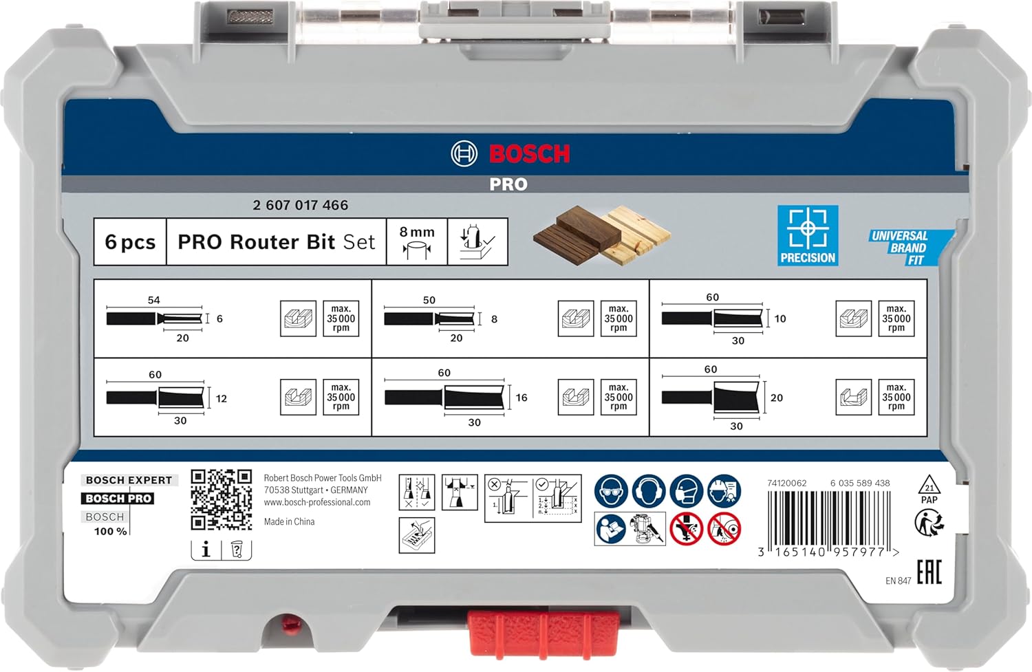Bosch Router Bit Set, Straight Bits 8 mm Shank, With Euro Hole, DIN EN-847 for Fine Cuts on Wood (6-Pieces)
