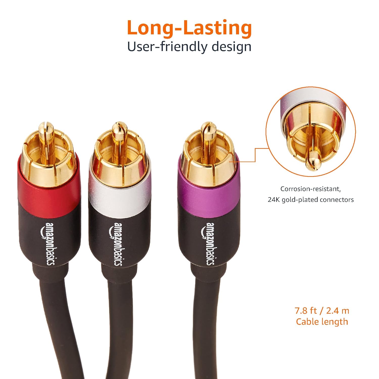 AmazonBasics 8 Feet 1/2-Male to 2-Male RCA Audio Interconnects for Television, DVD Player [Gold]