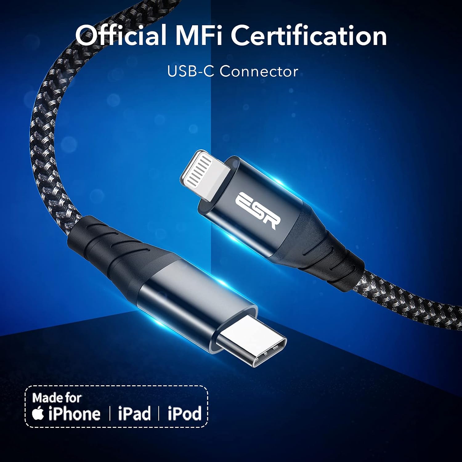 ESR USB C to Lightning Cable, 10 ft (3 m), MFi-Certified, Braided Nylon Power Delivery Fast Charging for iPhone 14/14 Plus/14 Pro/14 Pro Max, iPhone 13/12/11/X/8 Series Type-C Chargers, Black
