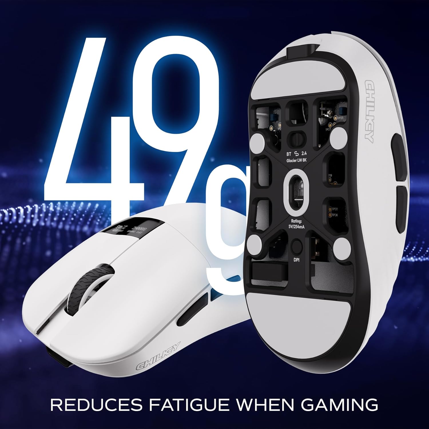OOCTPK Chilkey Glacier LW 8K M Wireless Gaming Mouse with Screen - 49g Super Lightweight - Dual 8K Polling - Maximum 30000 DPI - Optical Switch - Tri-Mode 2.4G/USB-C/Bluetooth 5.2 - White