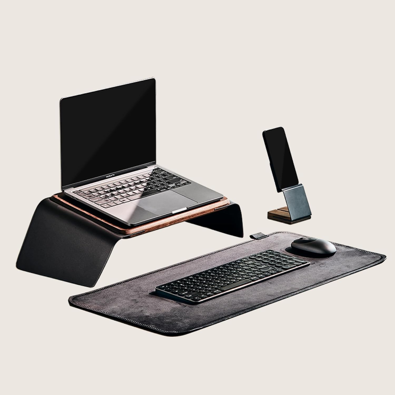 NOOE Config MEL Premium Walnut Desk Essentials Set Anywhere Mini Laptop Stand, Hands-On Mobile Stand & Soft Desk Rug | Workspace Decluttering Kit for Home & Office Setup