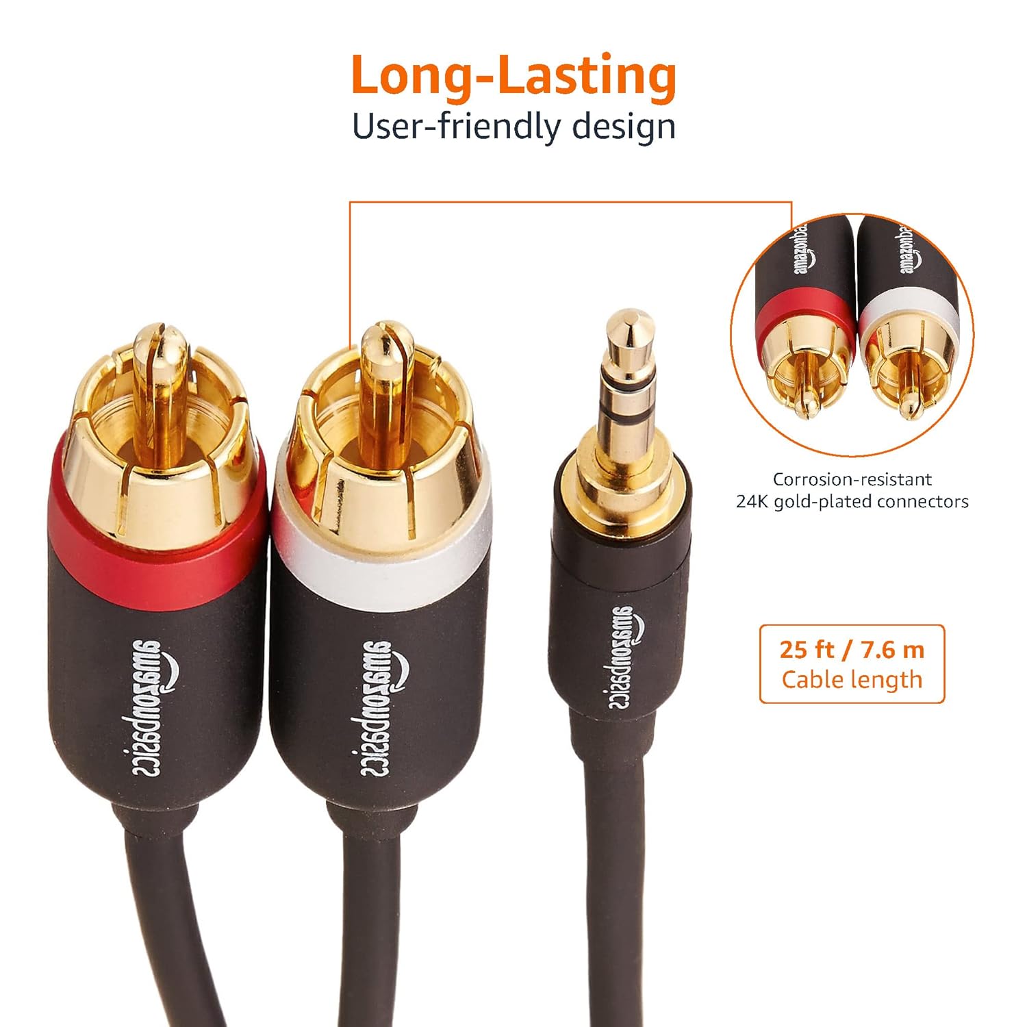 AmazonBasics 3.5mm to 2-Male RCA Adapter cable - 25 feet, Black