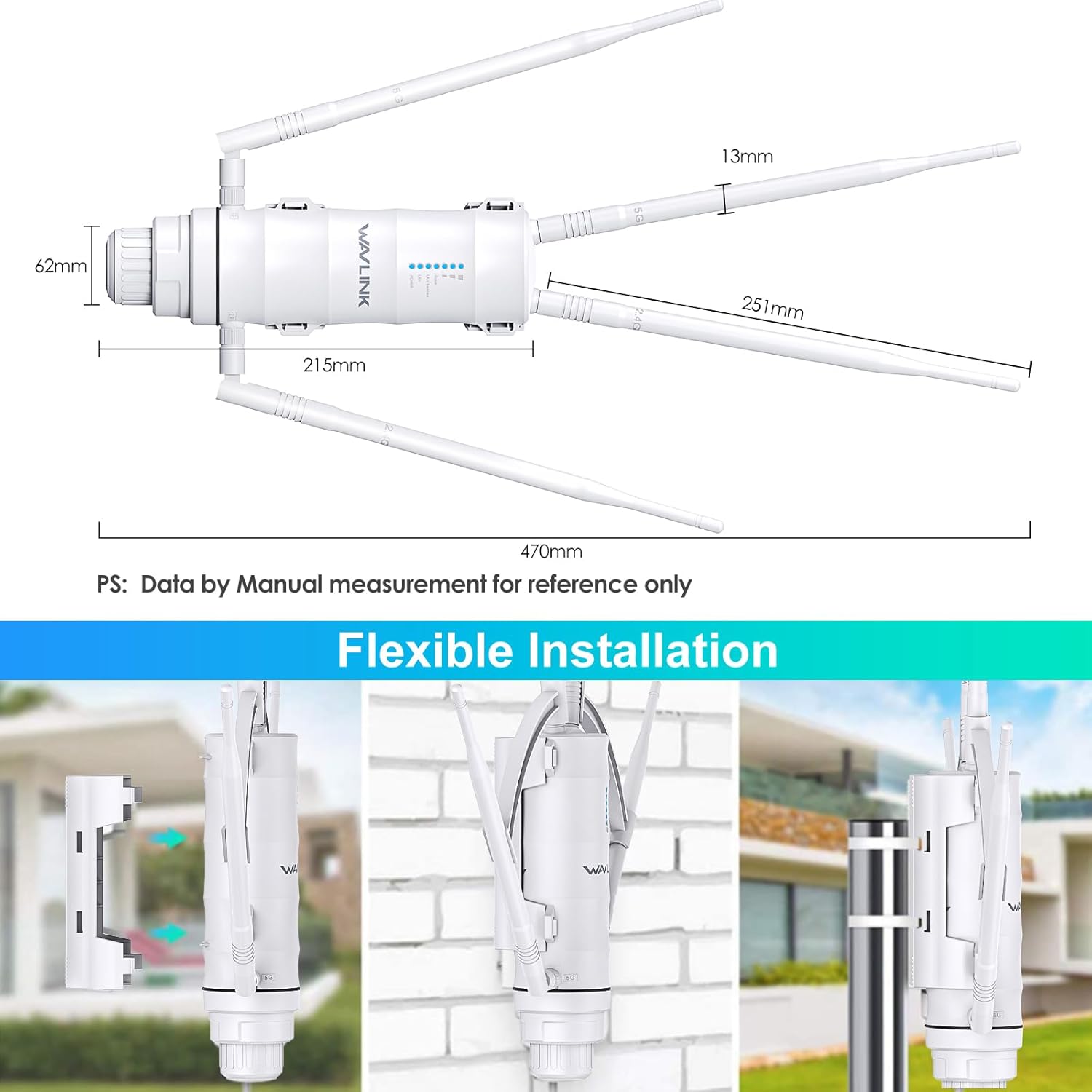 AC1200 Outdoor WiFi Extender WAVLINK, Weatherproof Wireless Outdoor Access Point, High Power Long Range WiFi Extender Signal Booster with POE, 4x7dBi Antennas, Dual Band, AP/Router/Repeater Mode